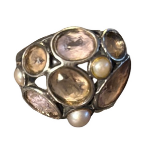 Silpada Sweet Embrace Silver Ring with Coloured Glads and Pearl Accents Size 8